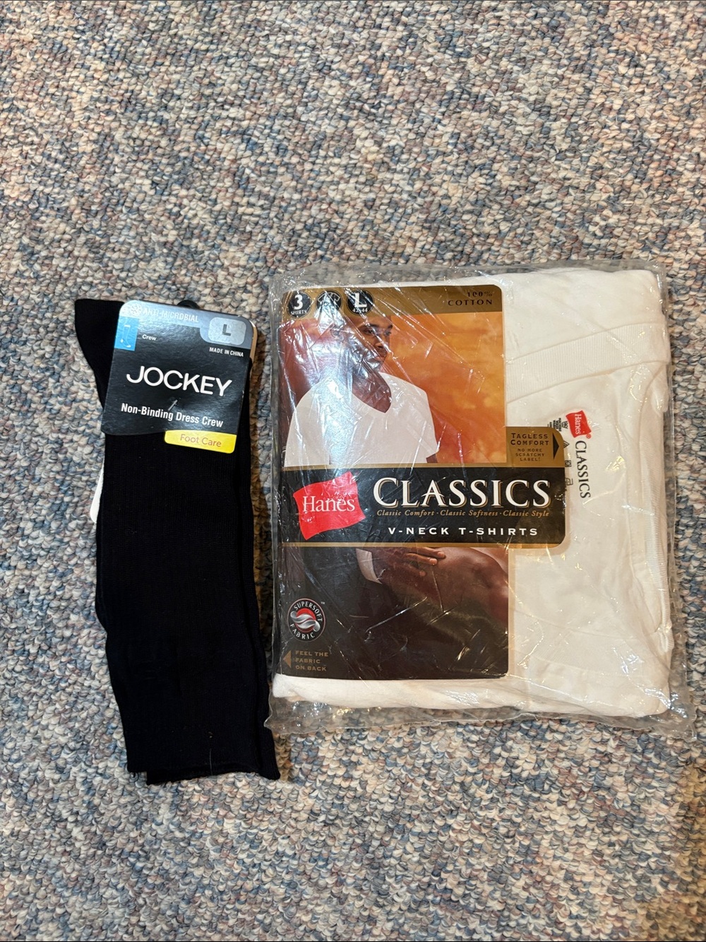 Hanes Classics Men's White V-Neck T-Shirts - 3 Pack (with Black Dress Socks)
